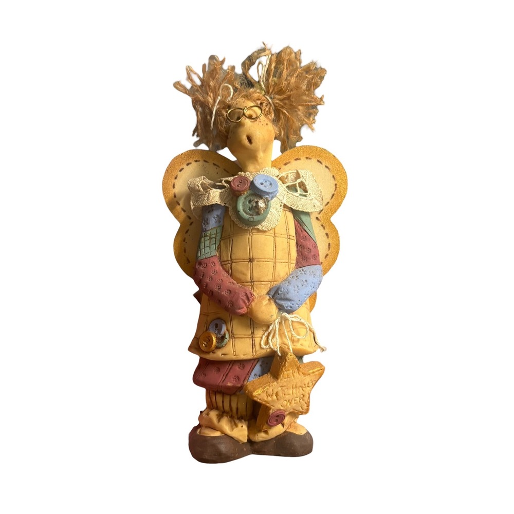 Designs by Diana Watching Over Angel Figurine Folk Art Patchwork Wings 6.5"